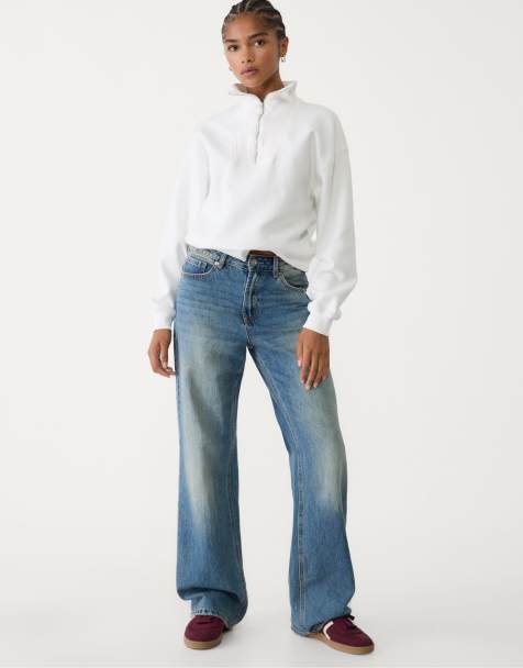 Stradivarius – Hochgeschlossenes Sweatshirt in Ecru mit kurzem Reißverschluss - view 1