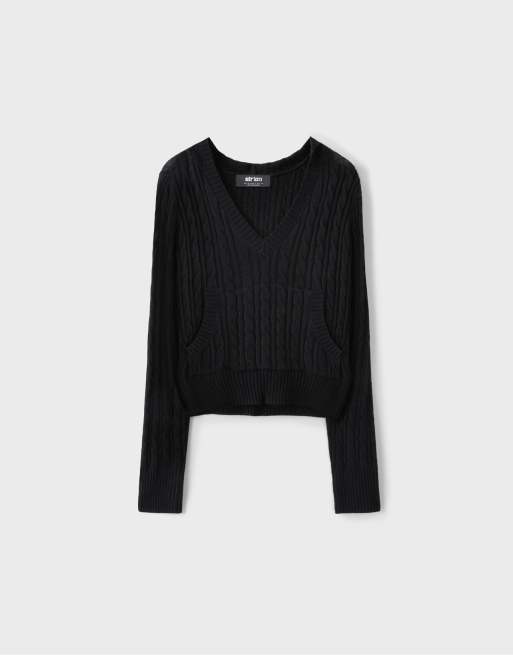 Stradivarius Hooded cable-knit jumper in black, 6 of 7