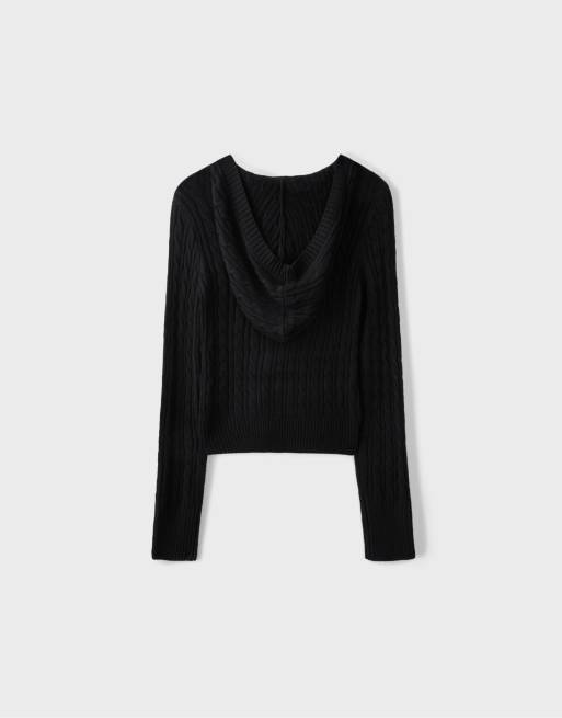 Stradivarius Hooded cable-knit jumper in black, 7 of 7