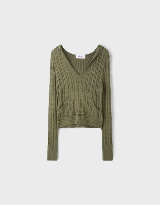 Stradivarius Hooded cable-knit jumper in khaki, 6 of 7