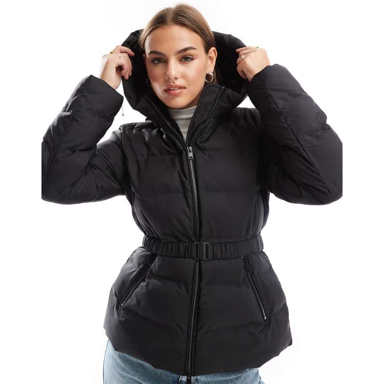 Stradivarius hooded puffer jacket with belt in black ASOS