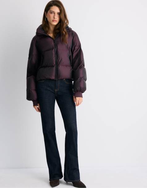 Stradivarius Hooded shiny padded jacket in dark purple - view 1