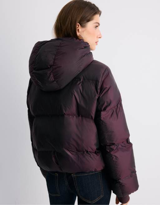 Stradivarius Hooded shiny padded jacket in dark purple, 3 of 7