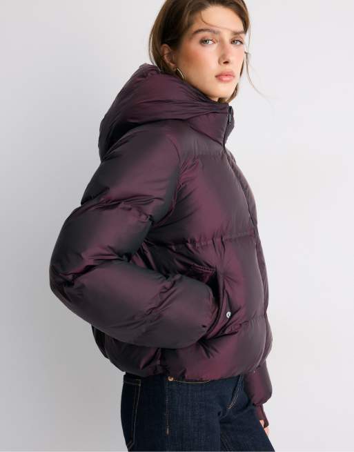 Stradivarius Hooded shiny padded jacket in dark purple, 5 of 7