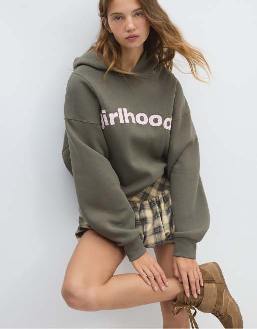 Stradivarius hoodie med tryck i khaki, 2 av 7