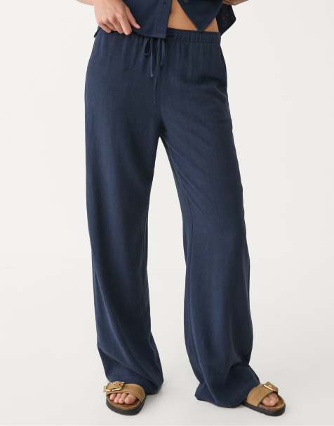 Stradivarius – Hose in Dunkelblau mit Leinenanteil - view 1