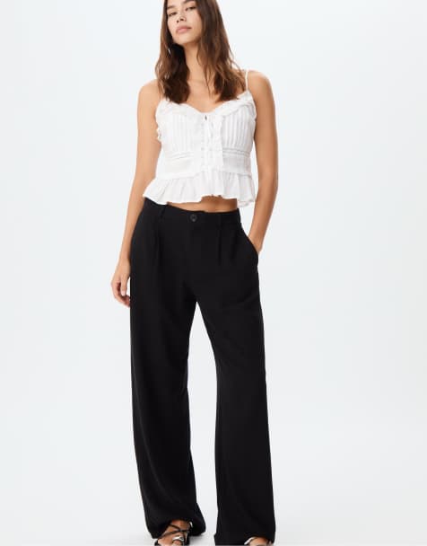 Stradivarius – Hose in Schwarz mit Leinenanteil und geradem Schnitt - view 1