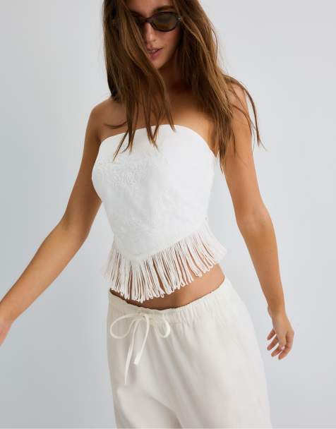 Stradivarius - Hvid bustier-top med broderier og frynser - view 1