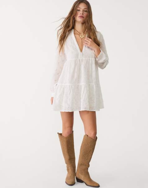 Stradivarius - Hvid minikjole med broderie anglaise - view 1