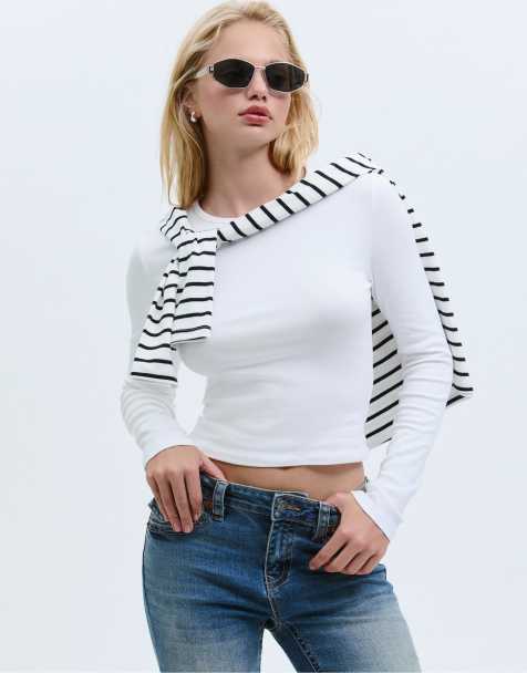 Stradivarius - Hvid og langærmet basis-t-shirt i bomuld - view 1