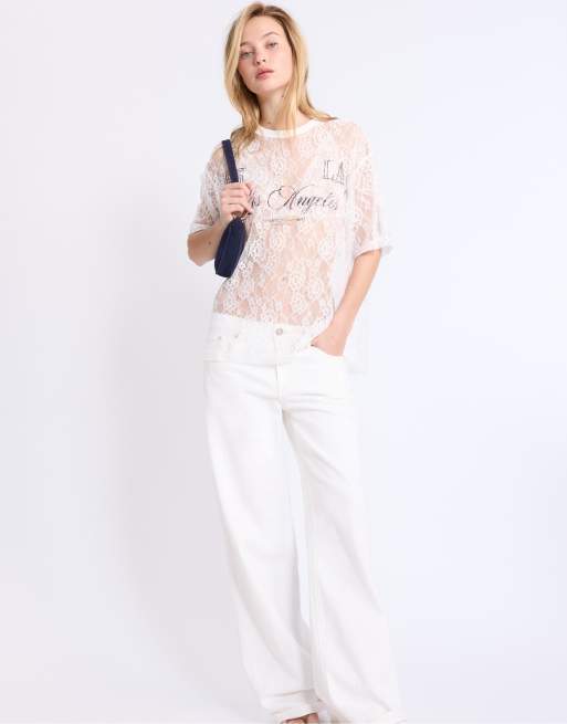 Stradivarius - Hvid oversized T-shirt i blondestof med grafikdetalje, 3 af 3