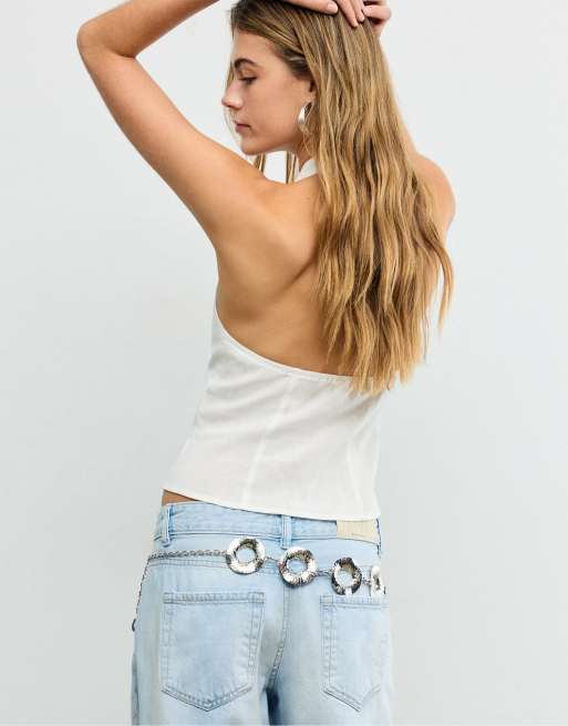 Stradivarius - Hvid qipao-top med halterneck og knapper, 2 af 4