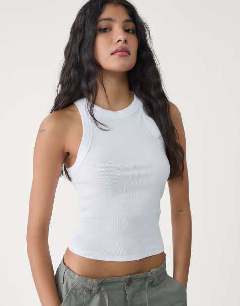Stradivarius - Hvid ribstrikket top med racerhals - view 1