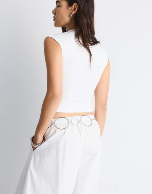Stradivarius - Hvid rynket T-shirt med firkantet hals i polyamid, 3 af 4