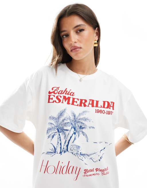 Stradivarius - Hvid T-shirt med 'Holiday'-print