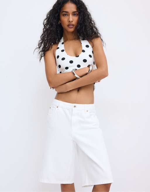 Stradivarius - Hvide baggy bermudashorts i denim, 2 af 4