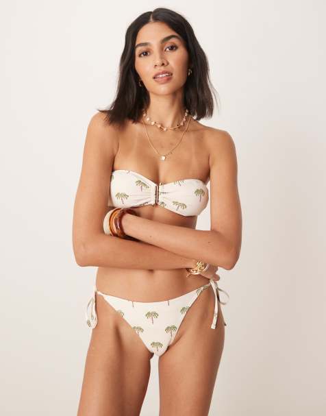 Stradivarius - Hvide bikinitrusser med bindebånd i siderne og palmeprint - view 1