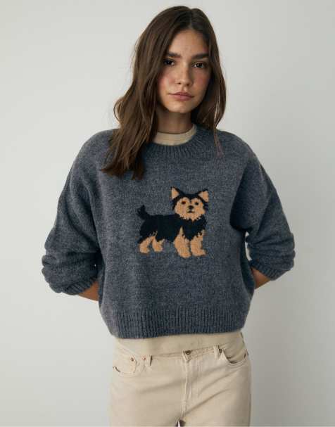 Stradivarius - Intarsia gebreide sweater in donkergrijs - view 1