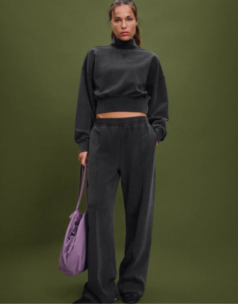 Stradivarius Interlock high neck sweatshirt in dark grey - view 1