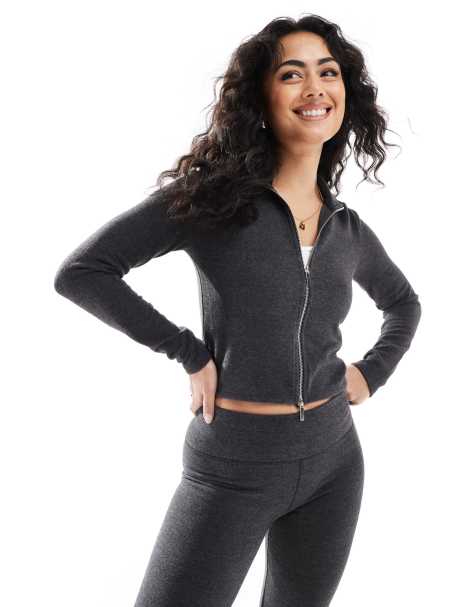 Stradivarius - Jack met dubbele rits in grijs, deel van co-ord set - view 1