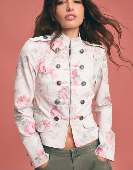 Stradivarius jacka med blommigt tryck och knäppning i naturvit, 2 av 7