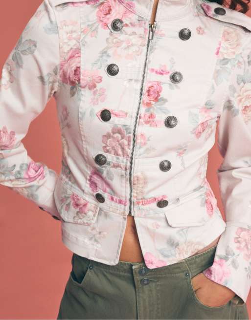 Stradivarius jacka med blommigt tryck och knäppning i naturvit, 4 av 7