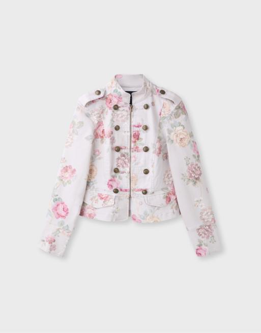 Stradivarius jacka med blommigt tryck och knäppning i naturvit, 6 av 7