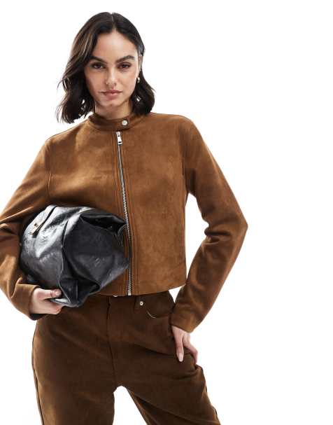 Stradivarius – Jacke aus Wildlederimitat in Braun mit Reißverschluss - view 1