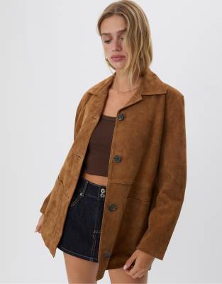 Stradivarius - Jacke in Braun mit Taschen aus 100% Leder-Brown
