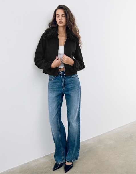 Stradivarius Jacket with faux fur detail in black - view 1