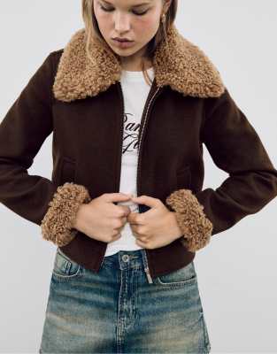 Stradivarius Jacket with faux fur detail in brown