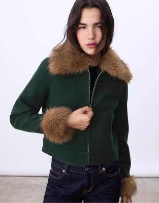 Stradivarius Jacket With Faux Fur Detail In Green