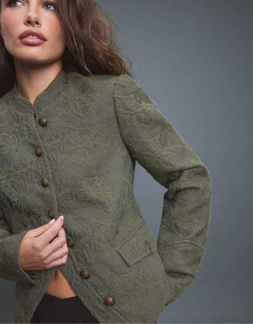 Stradivarius jacquard-blazer i khaki, 4 af 7