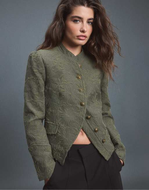 Stradivarius Jacquard-Blazer in Khaki, 5 von 7