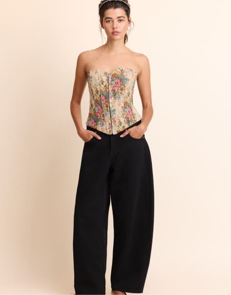 Stradivarius Jacquard bustier top in stone - view 1