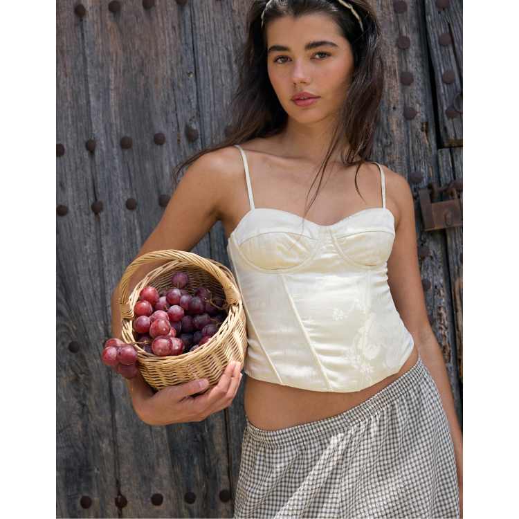 Stradivarius Jacquard corset top in ecru | ASOS