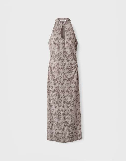 Stradivarius Jacquard midi dress in brown, 6 of 7