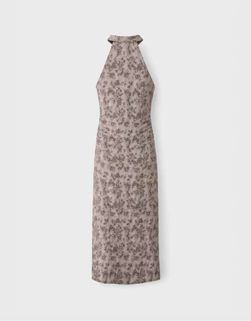 Stradivarius Jacquard midi dress in brown, 7 of 7