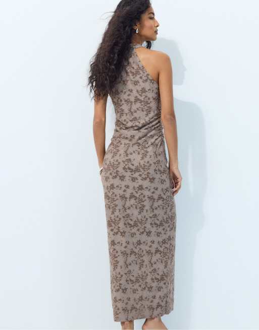 Stradivarius jacquard midiklänning i brun, 3 av 7