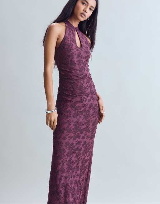Stradivarius jacquard midiklänning i lila, 2 av 7