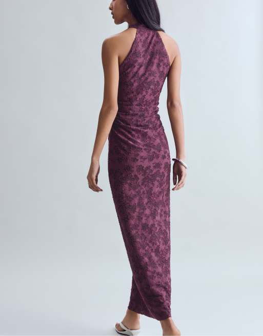 Stradivarius jacquard midiklänning i lila, 3 av 7