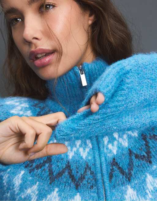 Stradivarius jacquardstickad kofta i turkos, 5 av 7