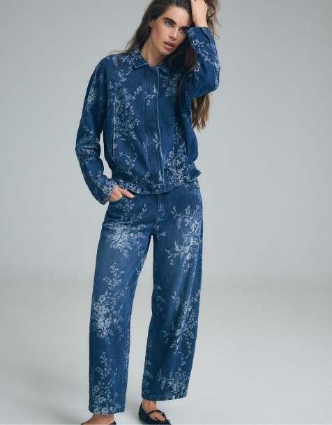 Stradivarius jakke i blomsterjacquard i mellemblå denim - view 1