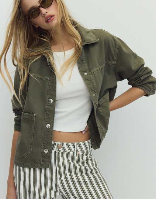 Stradivarius jakke med påsatte lommer i khaki, 5 af 7
