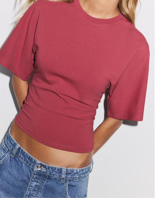 Stradivarius Japanese short sleeve t-shirt in dark red, 4 of 7