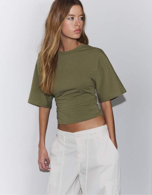 Stradivarius - Japans T-shirt met korte mouwen in kaki, 5 van 7