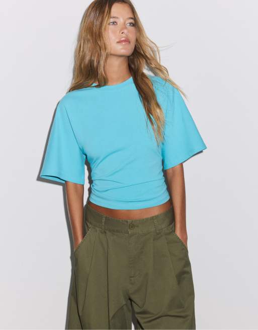 Stradivarius japansk t-shirt med korta ärmar i turkos, 5 av 7