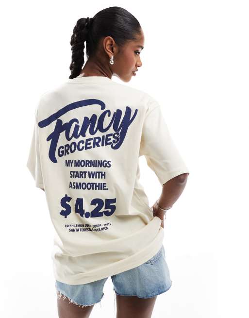 Stradivarius – Jasnożółty T-shirt oversize z nadrukiem i napisem „Groceries”