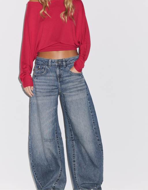 Stradivarius jean ballon taille basse en denim bleu moyen, 2 de 7