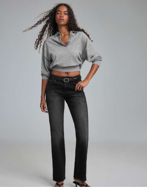 Stradivarius jean bootcut avec ceinture en denim noir délavé - view 1